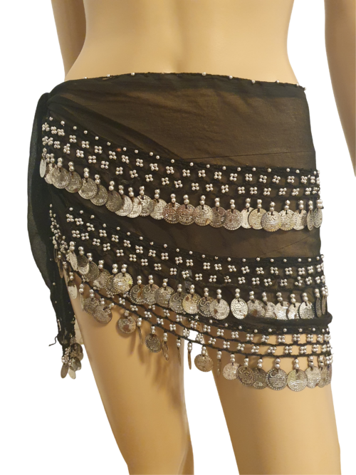 Bauchtanz aus Chiffon - Hüfttuch mit angehäkelten silbernen Münzen - L 1,50cm