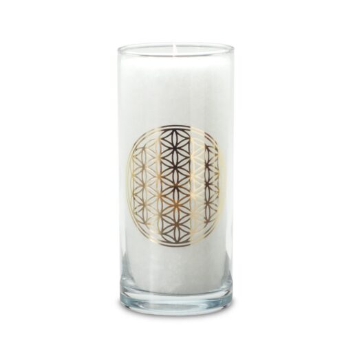 Kerze im Glas - WEISS, Blume des Lebens, Ø ca. 6 cm, H ca. 14 cm