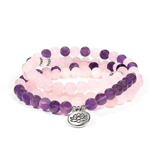 Mala Kette Rosenquarz/Amethyst elastisch mit Lotus
