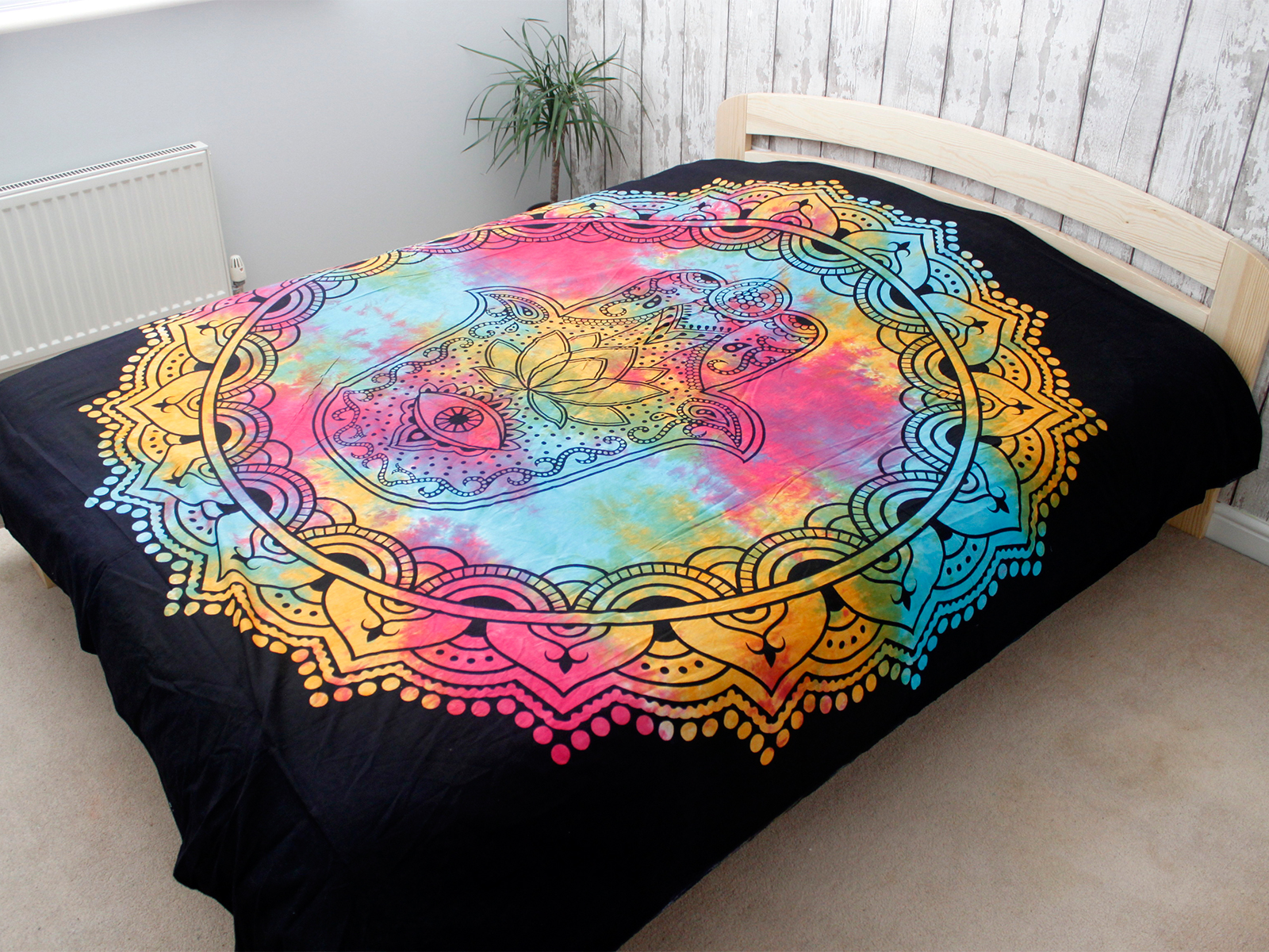 Tagesdecke - Schwarzer Hamsa - bunt – 100 % Baumwolle – 210 x 240 cm