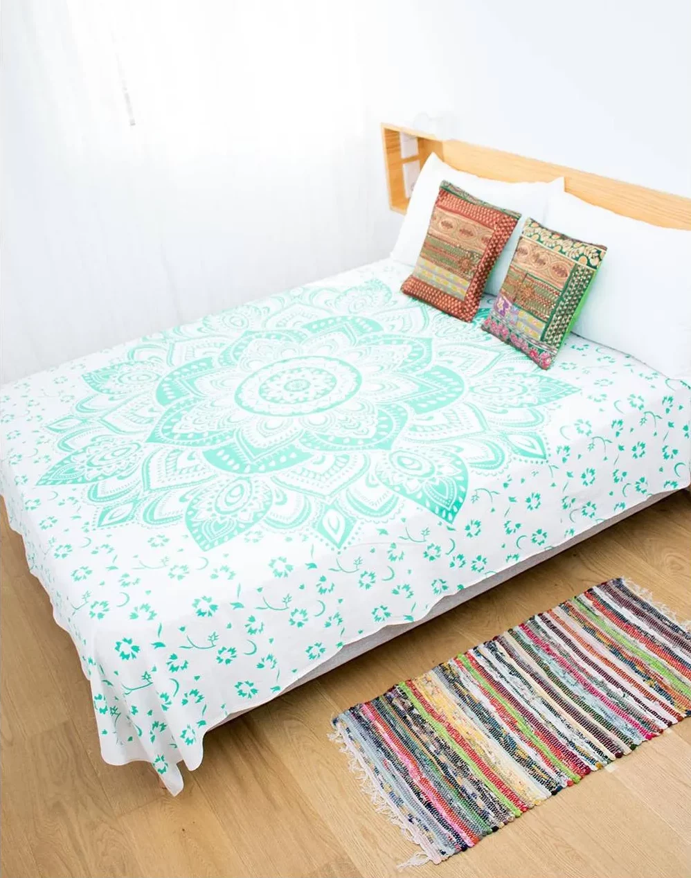 Tagesdecke grün weiß gemustert Mandala - 100 % Baumwolle - 210 x 240 cm