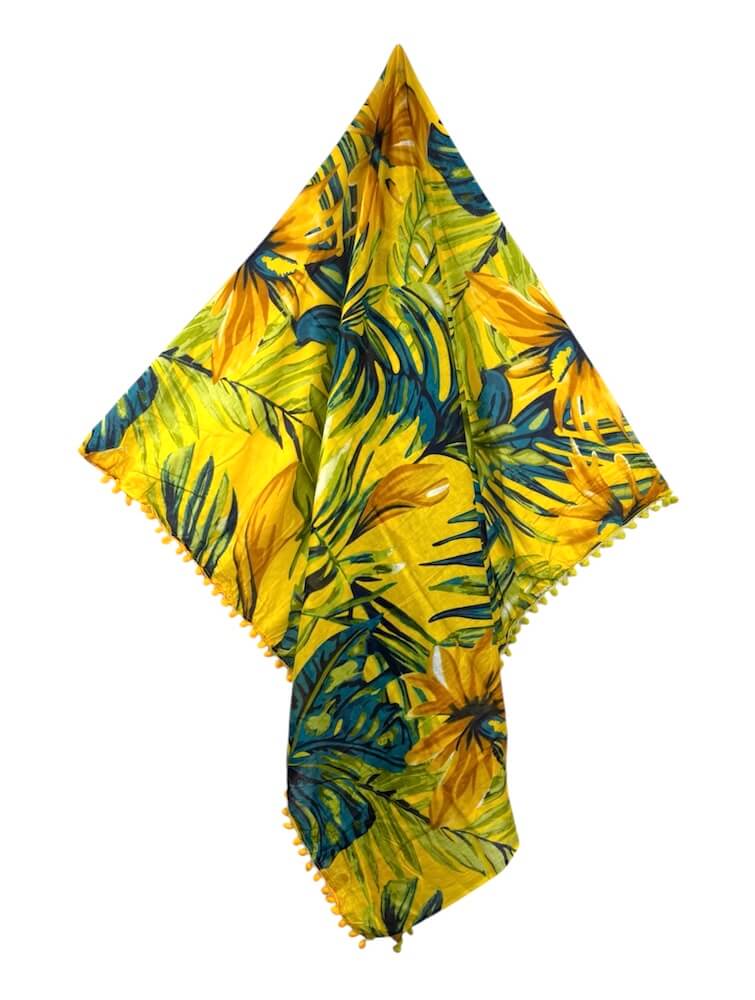 Pareo mit gelben Blumen & Pom Poms – 100 % Baumwolle